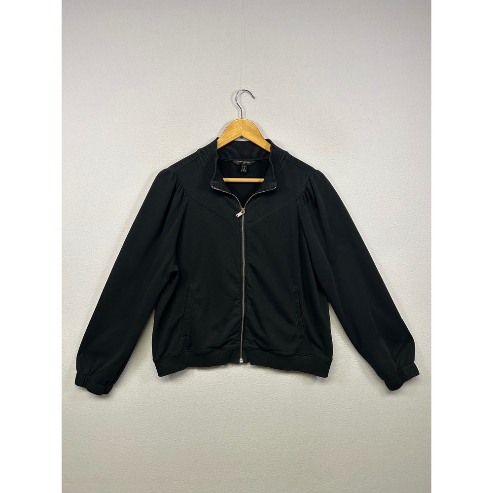 Banana Republic Dark Academia Women LP Black Puff Shoulder Bomber Jacket